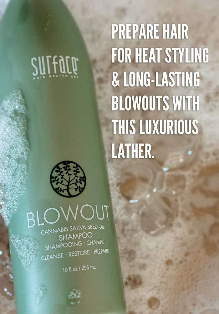 Набор для термозащиты волос Surface Hair Blowout Heat Protection Bundle: шампунь, кондиционер, масло для защиты волос от воздействия высоких температур и основа под укладку, 4 предмета. — фото 2