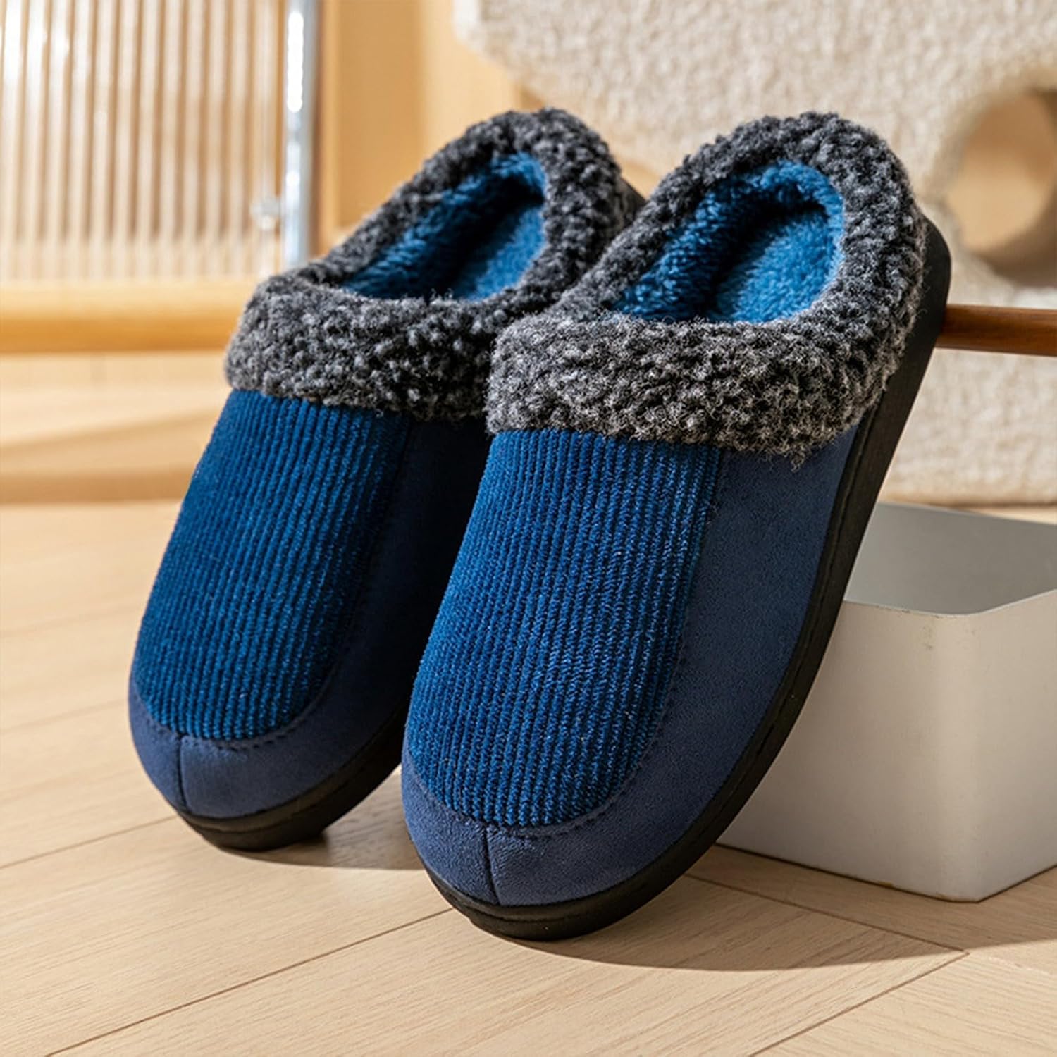 Мужские домашние кожаные тапочки, против скольжения, с хлопком и льном, для дома и улицы, сандалии, открытый носок, против царапин Generic, синий — фото 2