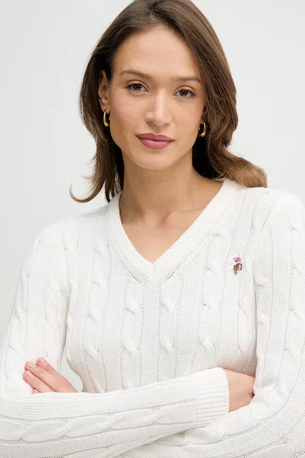 Свитер с V-образным вырезом и узором коса модель V-NECK CABLE U.S. Polo Assn., бежевый — фото 4