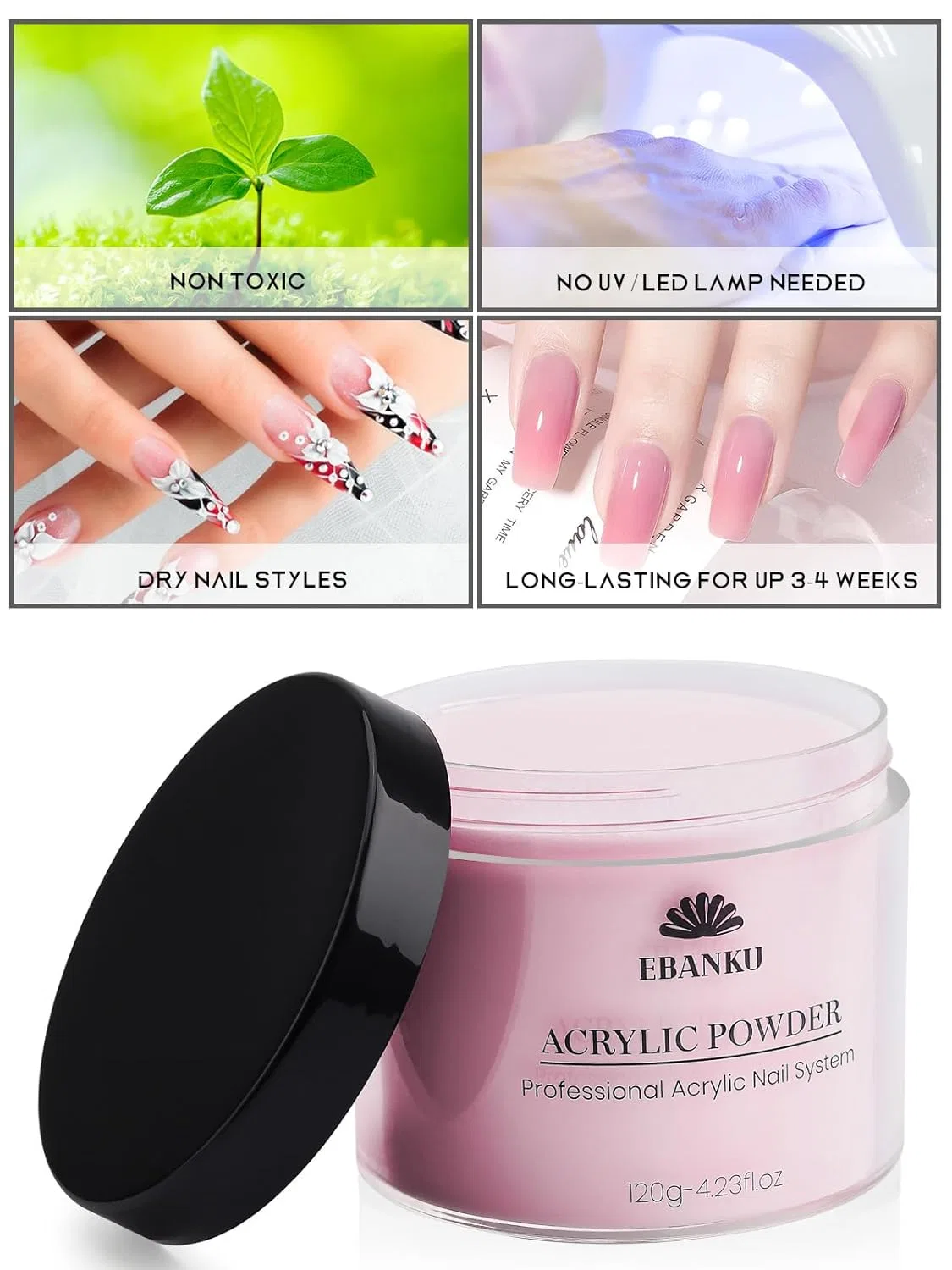 Набор акриловой пудры для ногтей «4 Colors» от EBANKU, 480 г Ebanku, Transparent, Pink, White, Nude — фото 2