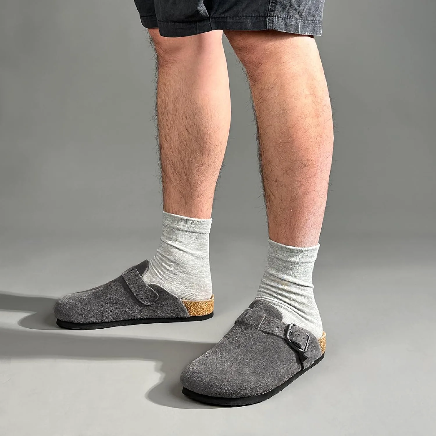 Мужские замшевые сабо FITORY с поддержкой свода стопы, кожаные мюли на пробковой подошве, размер 7-14, серый — фото 4