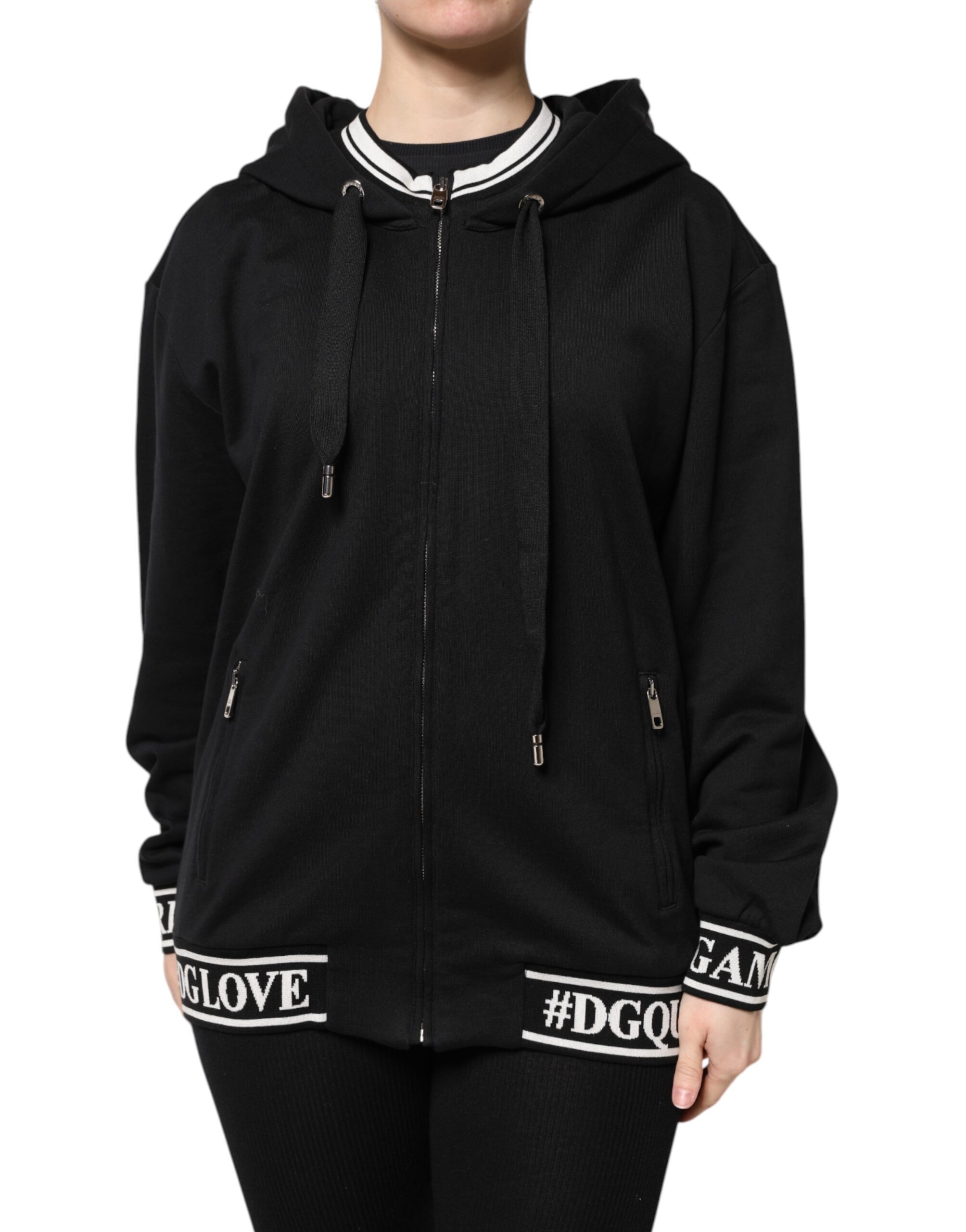 Черный хлопковый свитер с капюшоном и застежкой-молнией Dolce & Gabbana, Black