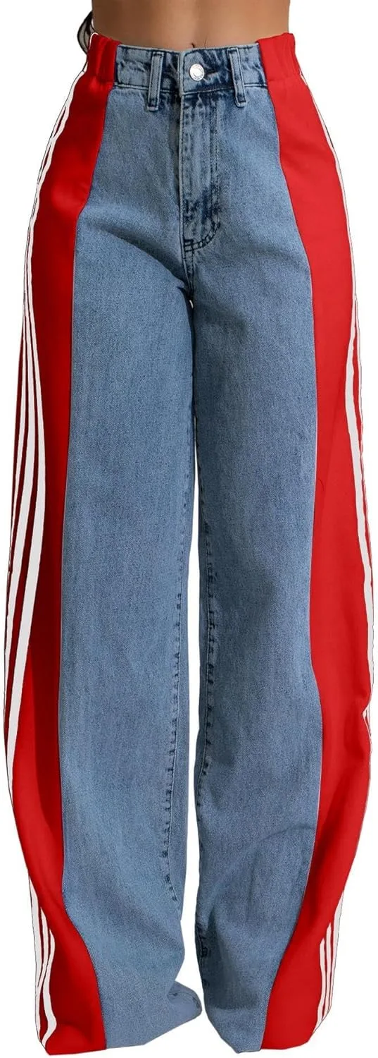 

Женские джинсы Loose с пачворком и полосками High Waist Color Block Wide Leg lovecarnation