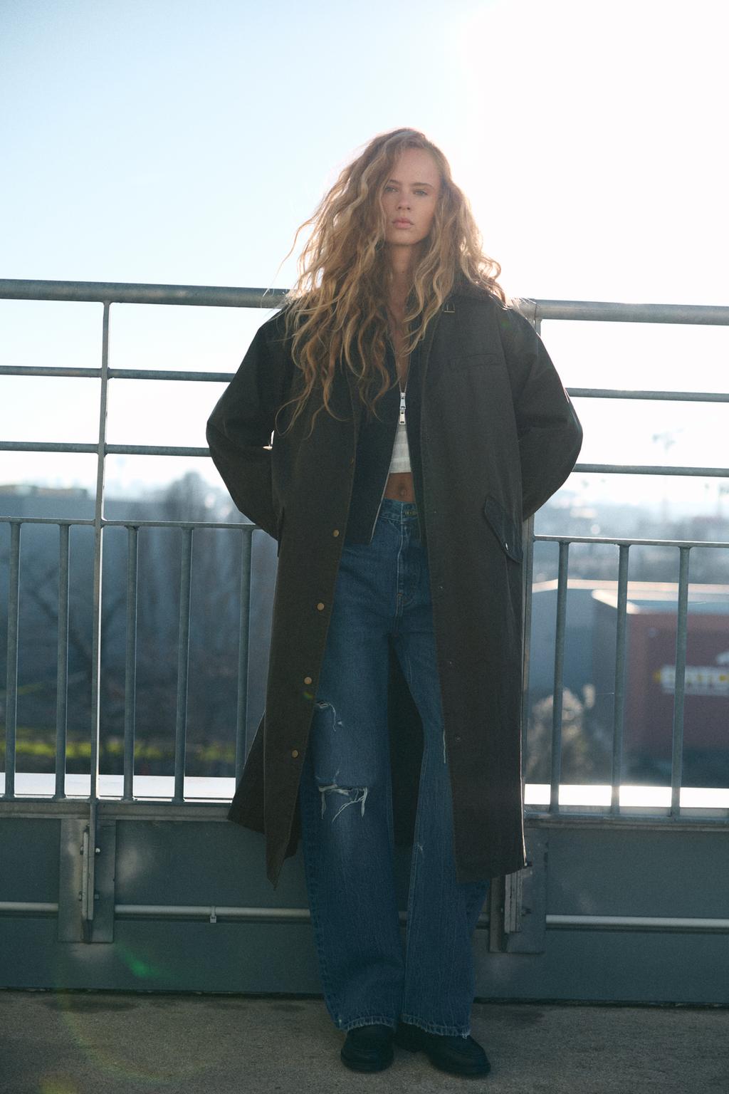 

Вощеный тренч с вельветовым воротником ZARA, цвет Moss green