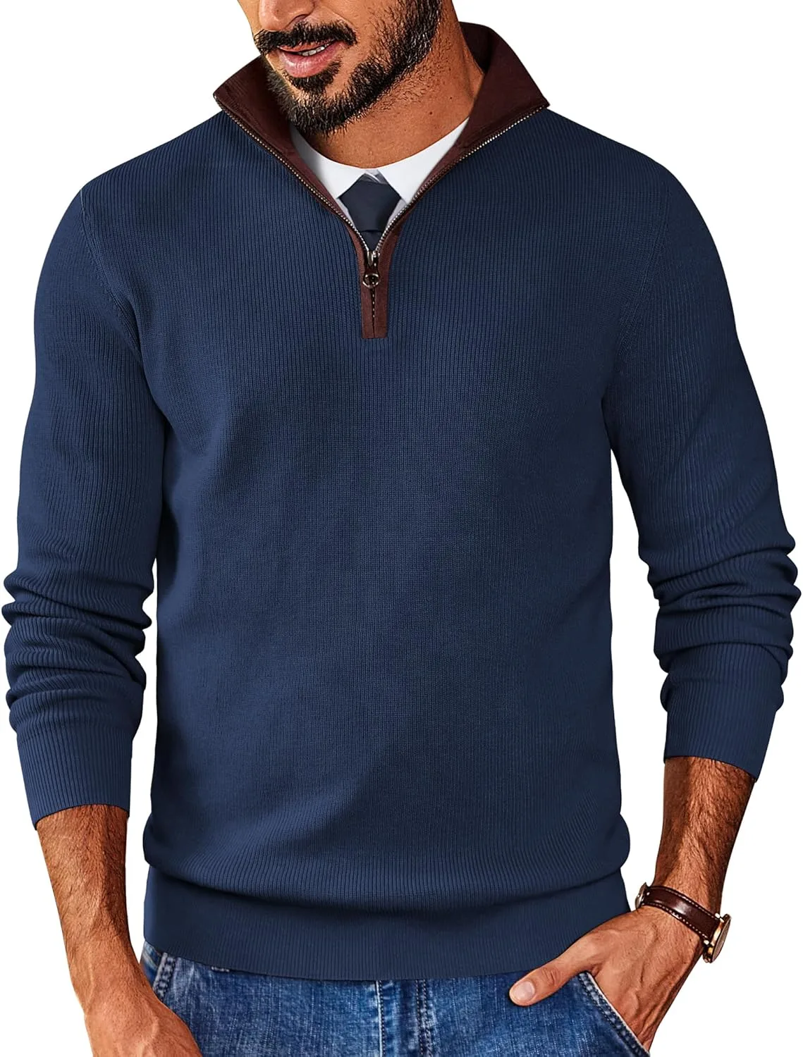 

COOFANDY мужской свитер с четвертью молнии Slim Fit с воротником-стойкой