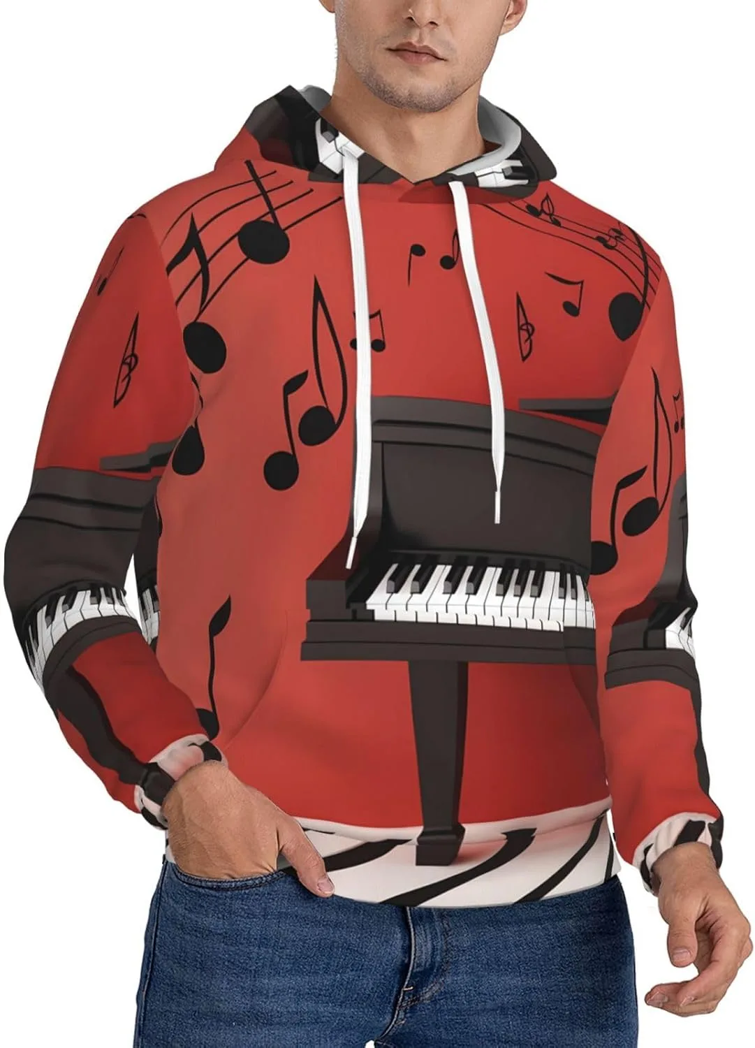 

Мужская флисовая толстовка с капюшоном, с длинным рукавом и принтом в виде нот и пианино KKLWEGU