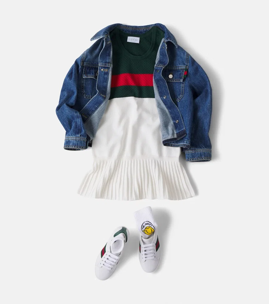 Хлопковое платье с ажурной отделкой в виде полосок Web Stripe Gucci Kids, зеленый — фото 2