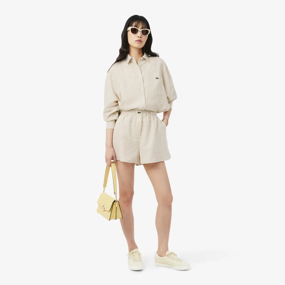 Шорты Lacoste льняные в полоску, розовые — фото 4