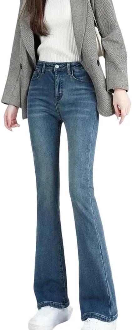 Женские зимние флисовые утепленные расклешенные джинсы Vintage Slim с высокой талией, эластичные, теплые Generic, 12
