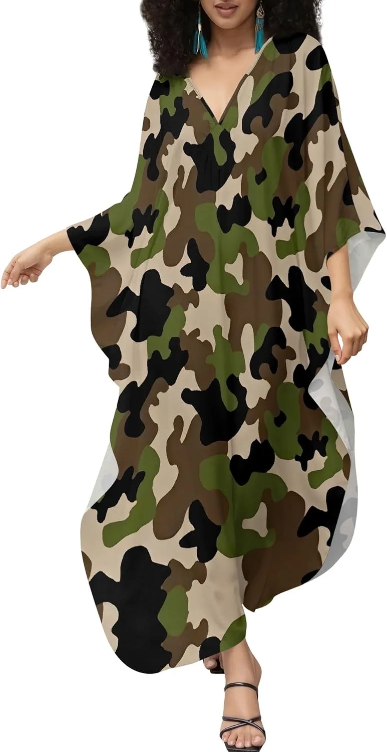 Generic Женское платье-кафтан Plus Size с V-образным вырезом и рукавами летучая мышь, пляжная накидка, домашняя одежда, летнее платье-кафтан с леопардовым принтом — фото 2