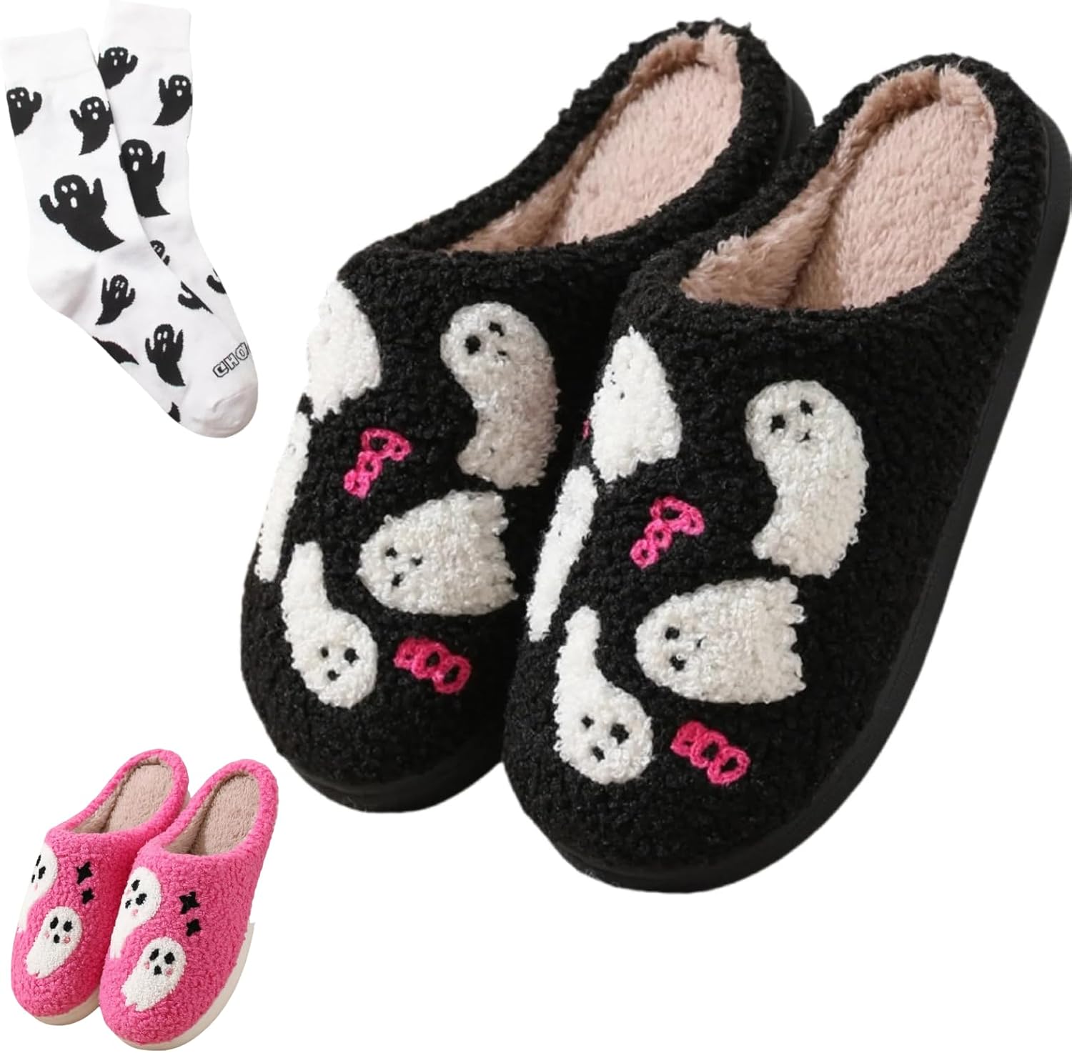 

Милые сланцы и носки с привидением на Хэллоуин для женщин и мужчин, плюшевые, мягкие, розовые, с нескользящей подошвой, для ношения дома Elirar