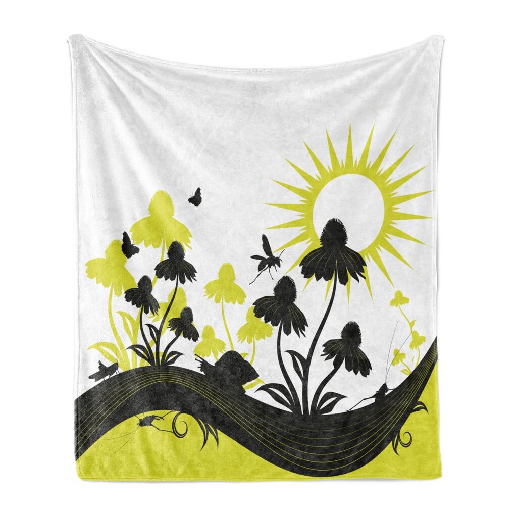 

ABAKUHAUS Sun Hat Мягкое фланелевое флисовое одеяло, цветы и насекомые, уютный плюш для использования в помещении и на улице, 125 x 175 см, темно-серый и желто-зеленый