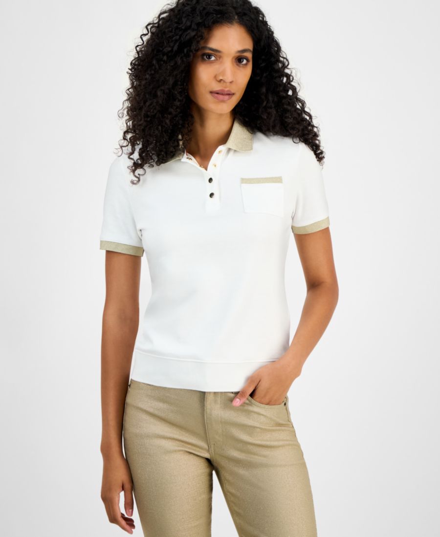 

Женская хлопковая поло-рубашка с блестящим воротником Tommy Hilfiger, Bright White