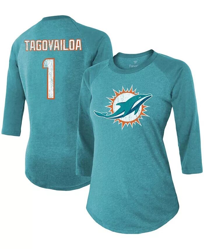 

Женская футболка Tua Tagovailoa Aqua Miami Dolphins, имя игрока, номер реглан, рукав 3/4, футболка Tri-Blend Fanatics