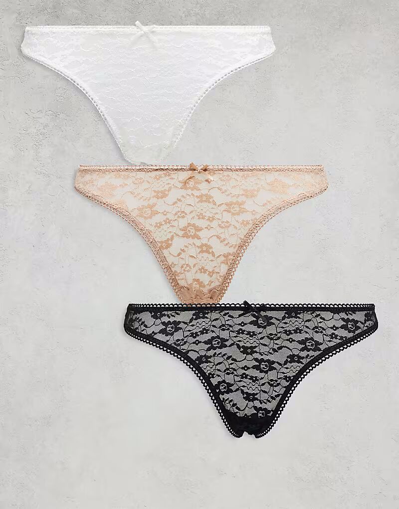 

ASOS DESIGN, 3 пары кружевных стрингов черного, белого и бежевого цветов