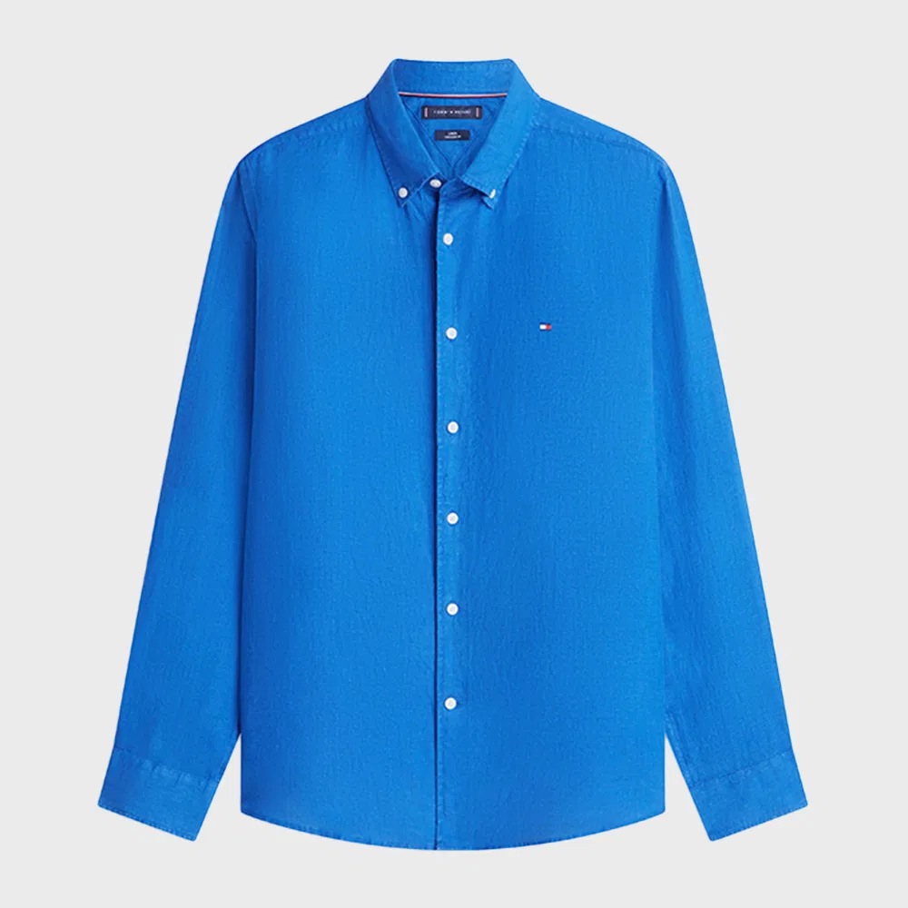Мужская однотонная рубашка Regular Fit из пигментированного льна, синяя, от Tommy Hilfiger — фото 3