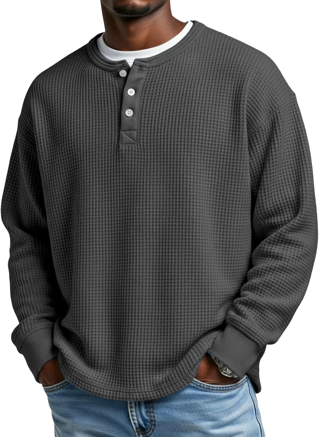 Мужская футболка-поло Waffle Knit Henley, длинный рукав, Regular Fit, S-4XL — фото 2