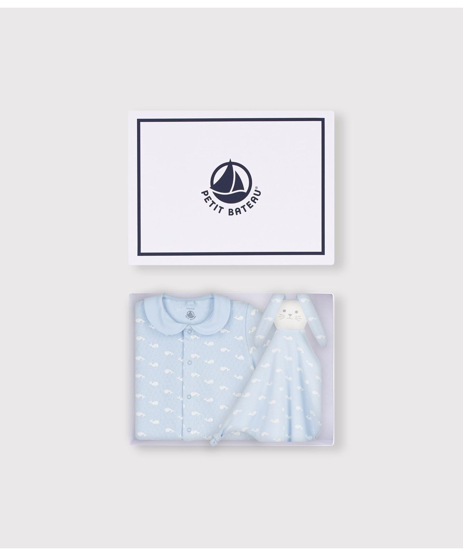Комбинезон с китовым принтом и комплект Doudou (в упаковке) PETIT BATEAU, Light Blue/Off White — фото 4