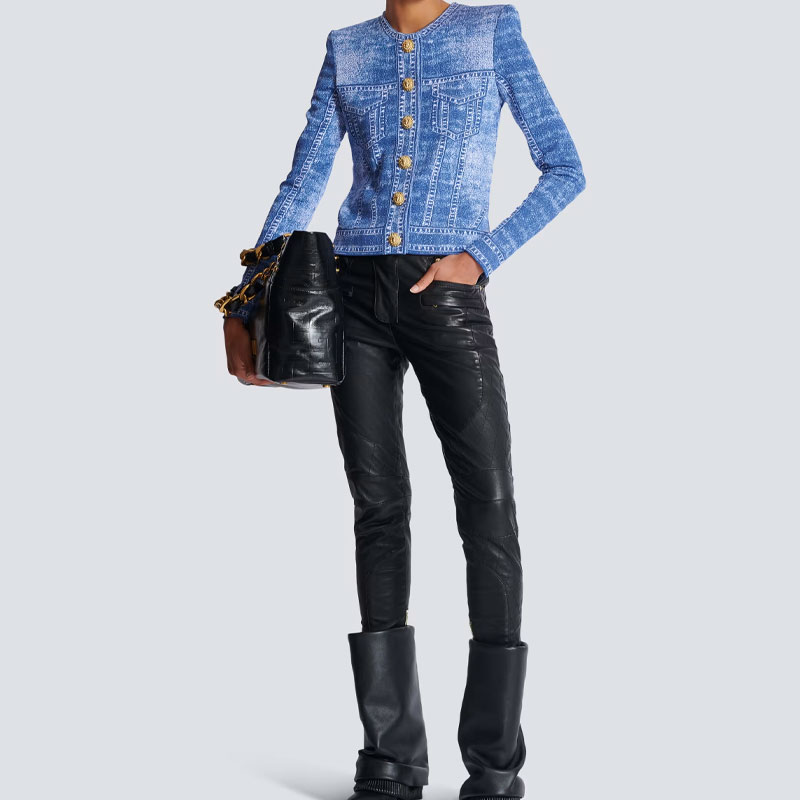 BALMAIN Джинсовый эффект логотип детализированный вязаный кардиган, Blue — фото 4