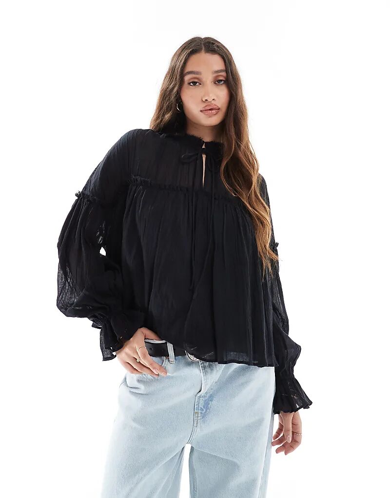 

Топ ASOS DESIGN с длинными рукавами, завязкой на вороте и оборками, черный