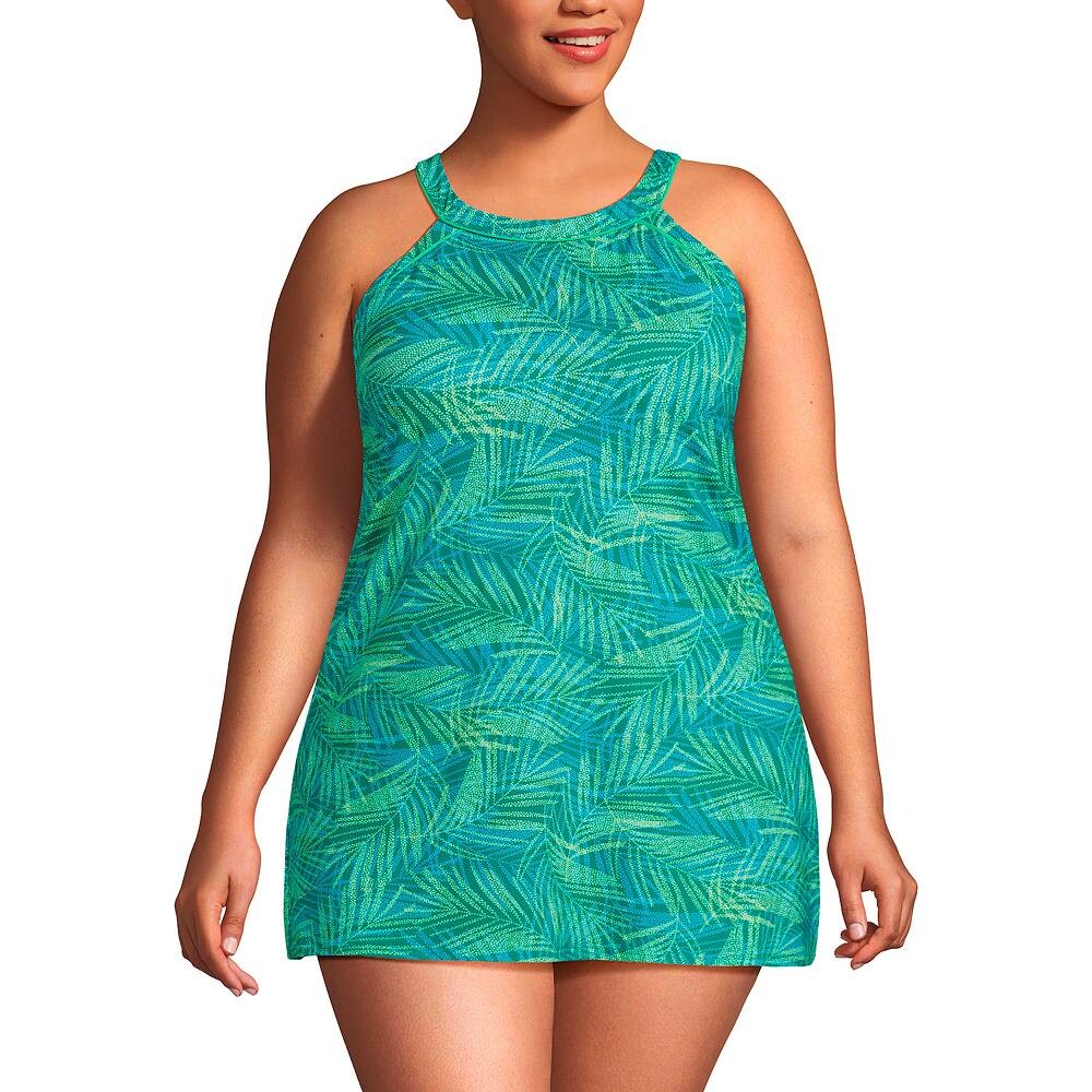 

Цельное плавательное платье с высоким воротником и высоким воротником больших размеров Lands' End UPF 50, цвет Emerald Stipple Palm