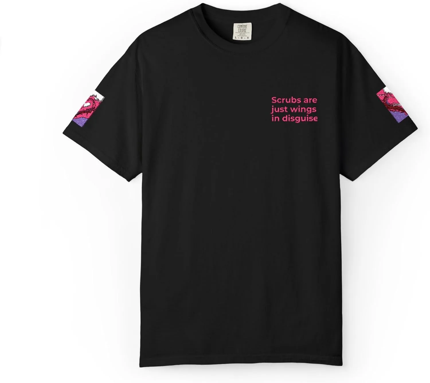Футболка с принтом "Scrubs are Just Wings in Disguise" | Медицинский юмор для медсестер, с цветочным акцентом на рукаве