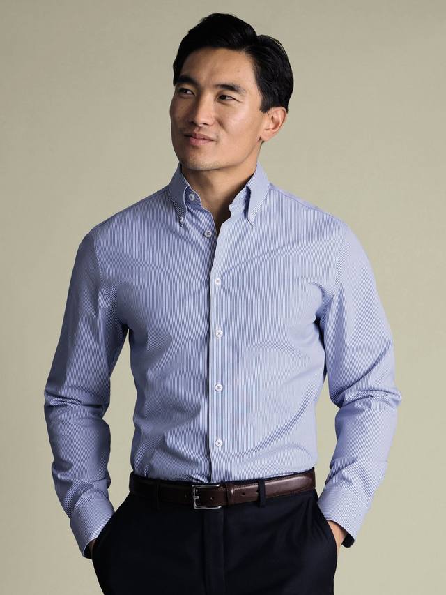 

Хлопковая рубашка в полоску с пуговицами и отложным воротником Regular Fit Charles Tyrwhitt, Cobalt Blue