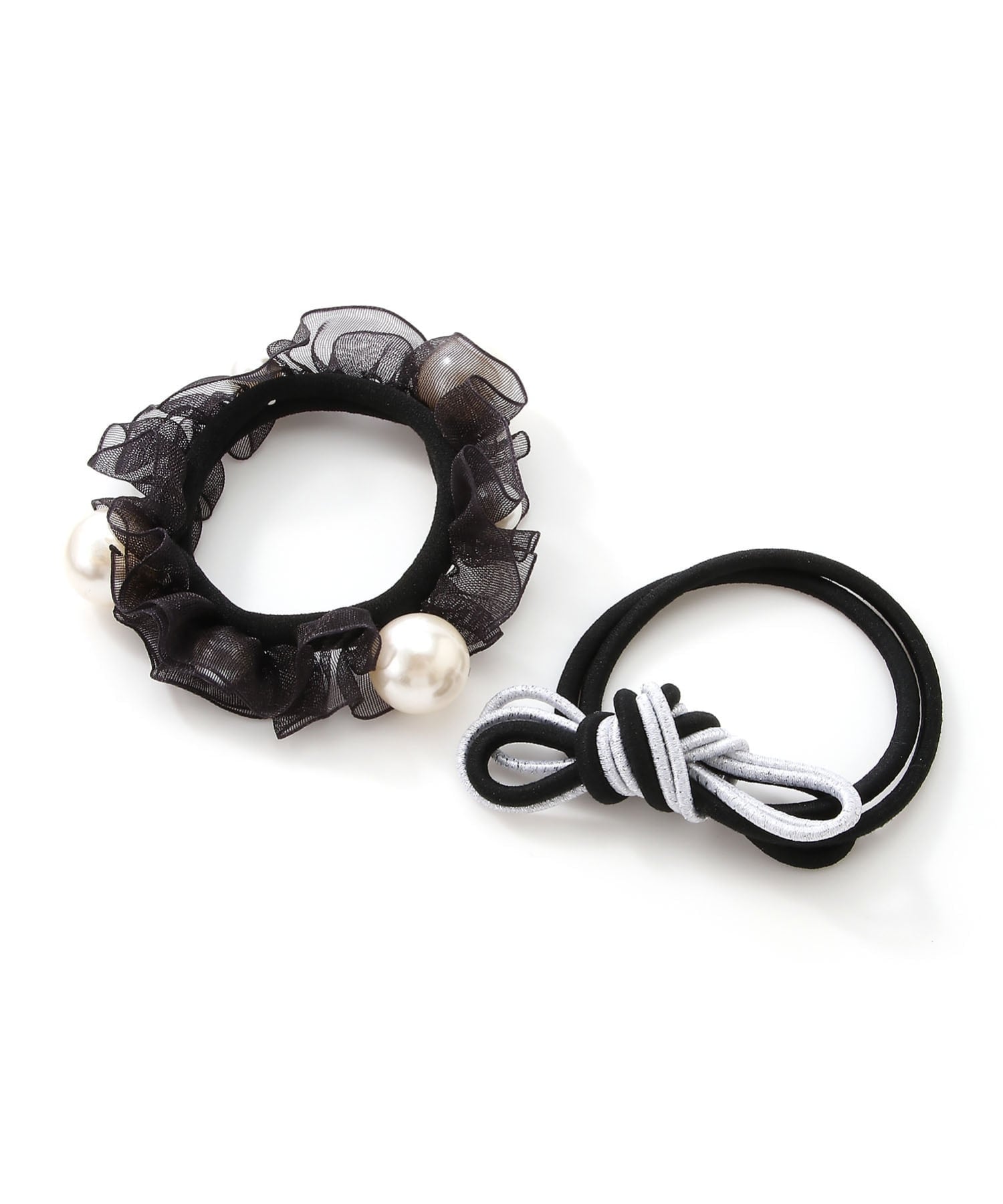Набор из трех резинок для волос /Pearl Scrunchie x Ribbon Hair Research Set Three Four Time, black — фото 3