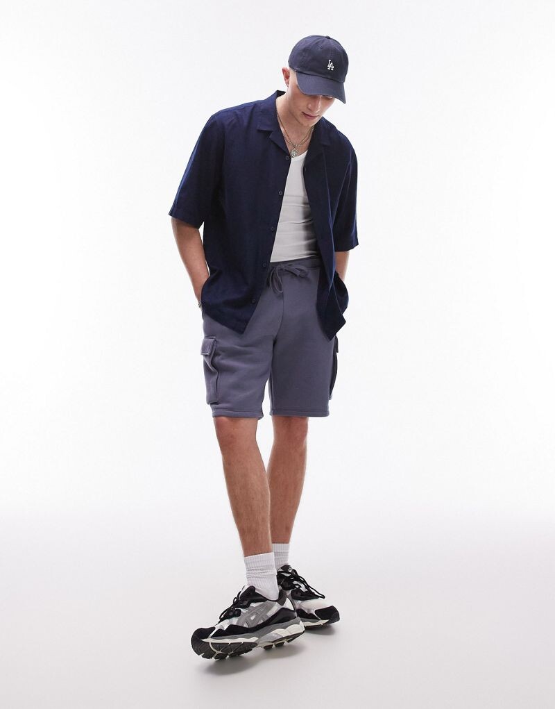 

Темно-синяя льняная рубашка свободного кроя с короткими рукавами Topman