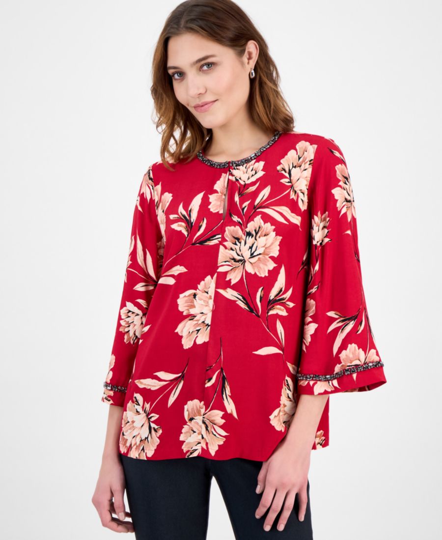 

Женская блузка с цветочным принтом и стразами JM Collection, Canyon Red Combo