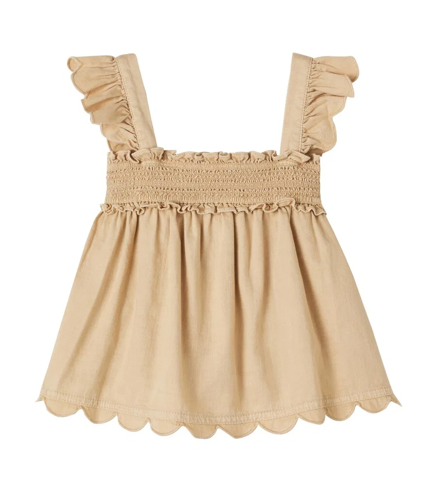 Хлопковый топ с оборками и фестончатым краем Zimmermann Kids, бежевый