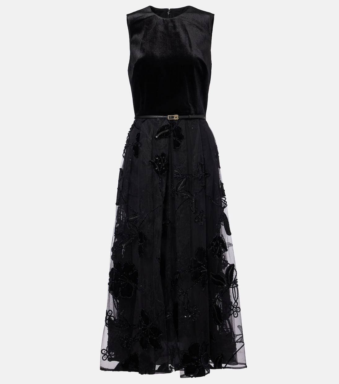 

Платье миди из вышитого тюля и бархата Elie Saab, черный