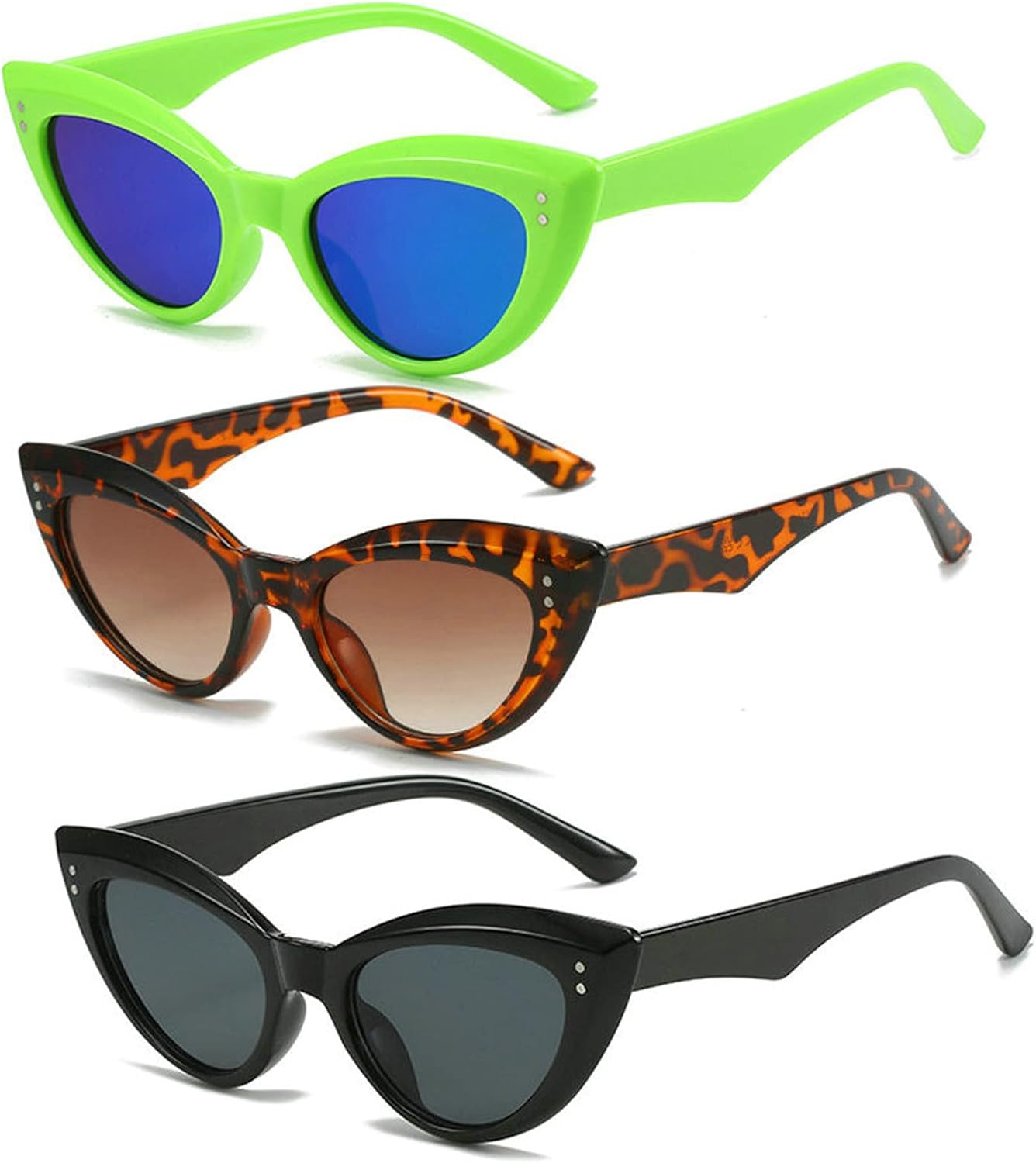 

Солнцезащитные очки Willochra в стиле ретро «кошачий глаз» для женщин с заклепками и градиентным переходом цвета для мужчин. Модные солнцезащитные очки с леопардовым принтом фиолетового цвета, 3pcs-black&leopard&green