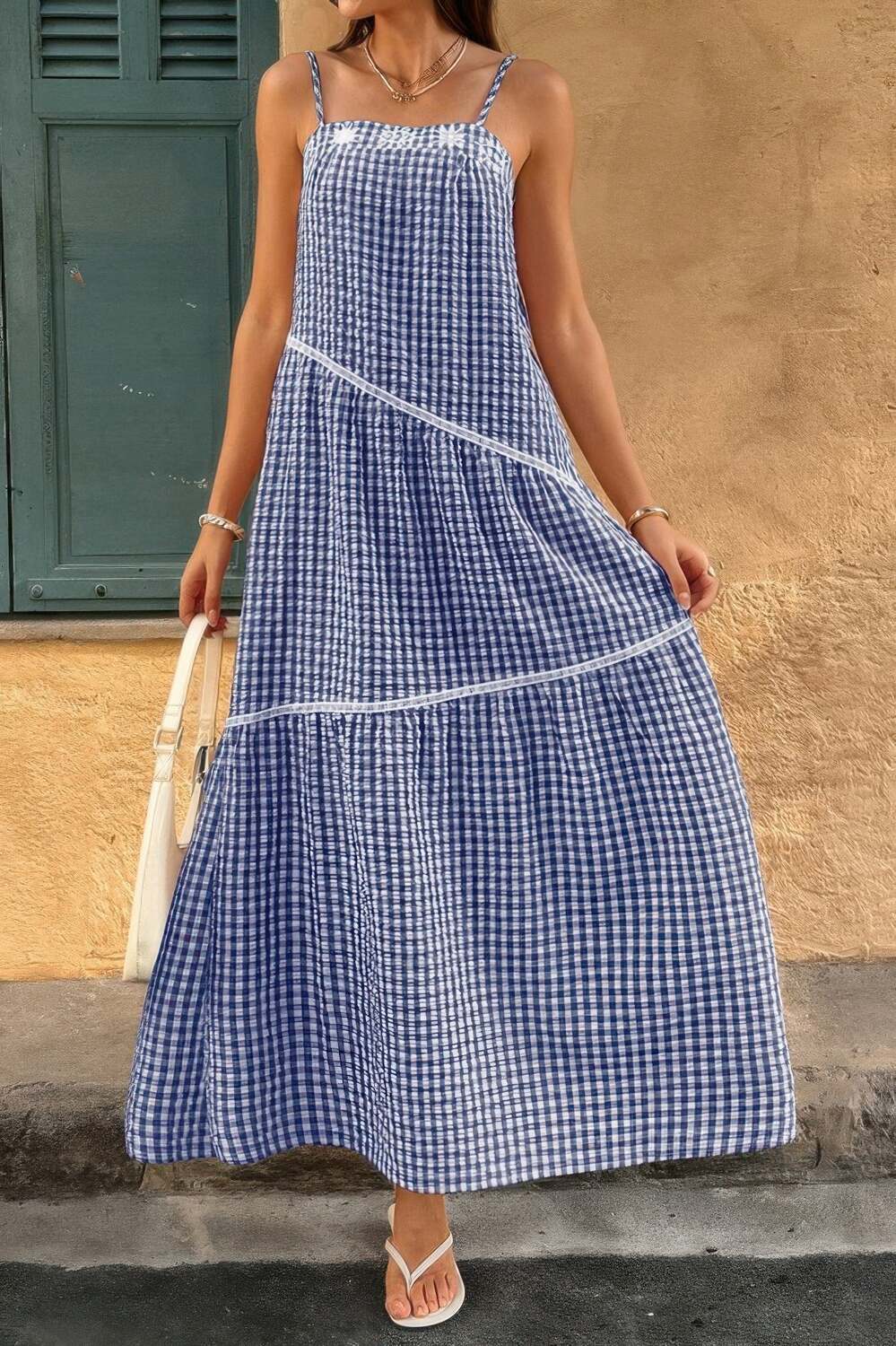 

Клетчатые подтяжки платье-трапеция с цветными блоками TRUEDAMES, темно-синий