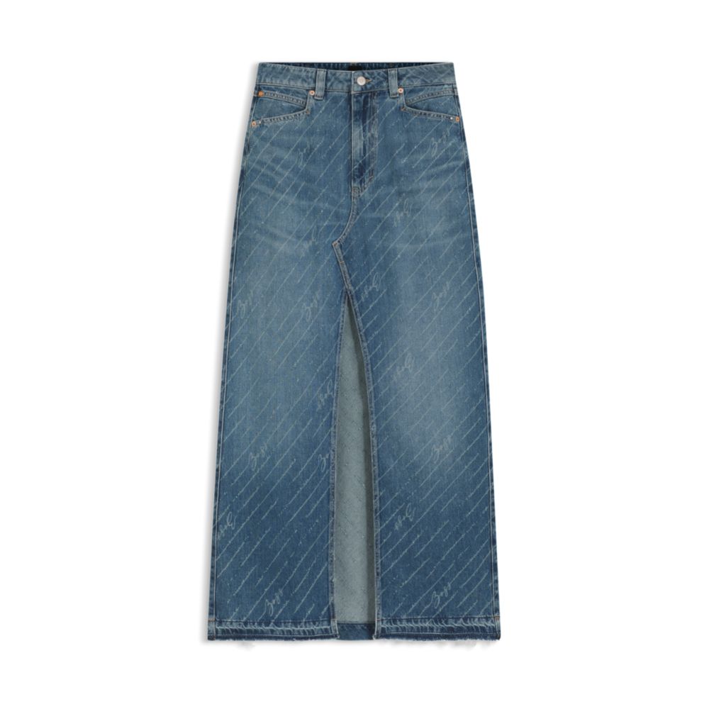 

Джиновая юбка с логотипом в полоску и разрезом спереди BOSS, синий