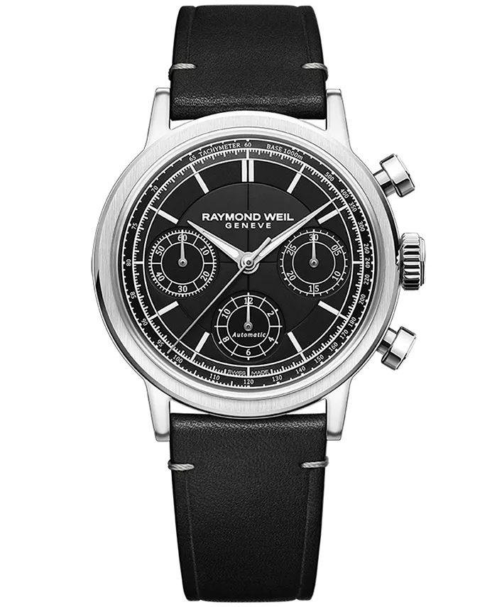 

Мужские швейцарские автоматические часы-хронограф Millesime с черным кожаным ремешком 40 мм Raymond Weil