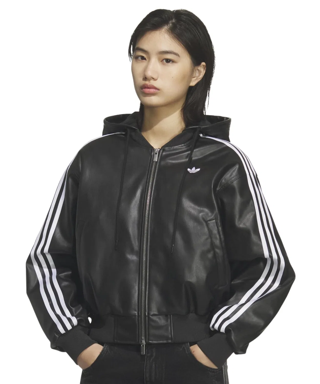 Куртка Adidas W PLEATHER JKT оверсайз из синтетической кожи, чёрная