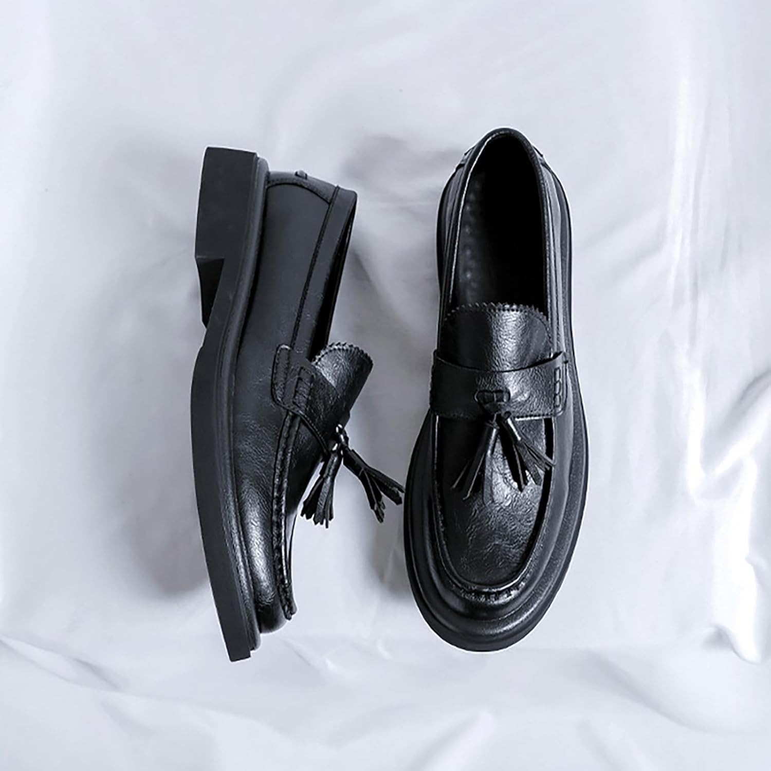 Мужские кожаные лоферы с кисточками - туфли на платформе Penny Slip-On с круглым носком, с нескользящей подошвой для работы в офисе и бизнеса Zghnp, черный — фото 2