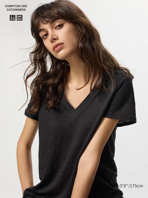 

Футболка из льна с v-образным вырезом Uniqlo, черный