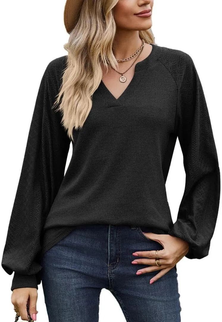 

FMCHICO Женская блузка с вафельной вязкой, длинными рукавами-фонариками и V-образным вырезом