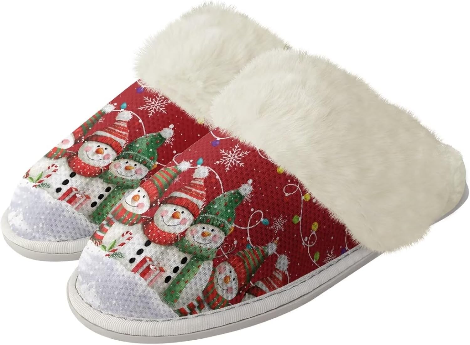 

Тапочки Srengjodk из фланелевой хлопковой ткани с меховой окантовкой, домашние тапочки без задника, тапочки для женщин и мужчин, размер 36-47, Christmas Snowman Print