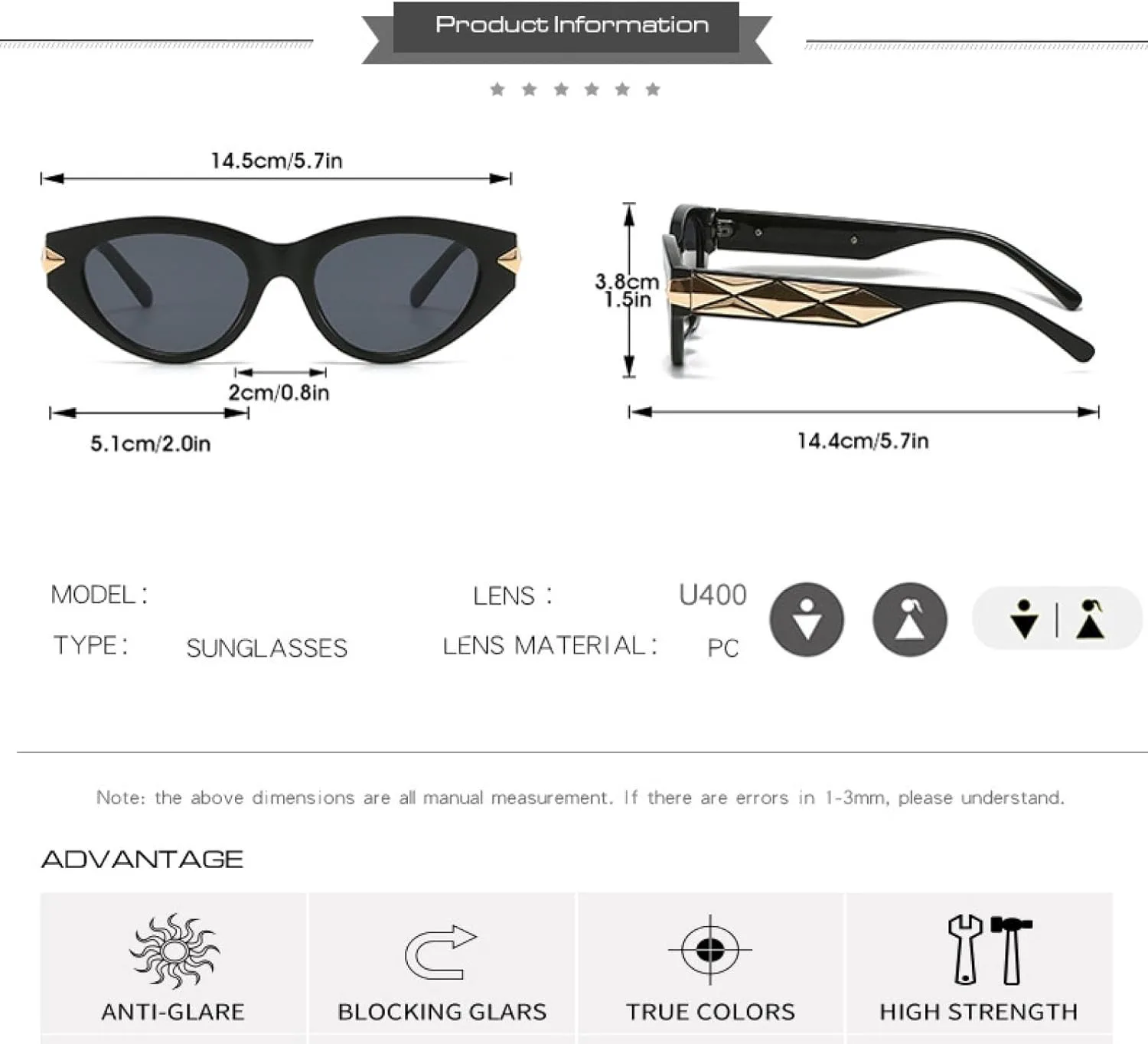 

Модные панк-солнцезащитные очки «кошачий глаз» для женщин, черные, для активного отдыха, с защитой от УФ-излучения UV400, для мужчин VVTWSSW, Beige-brown