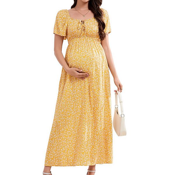 

Платье для беременных с квадратным вырезом, пышными рукавами, летнее платье макси с цветочным принтом, повседневная одежда. Yesfashion, Yellow