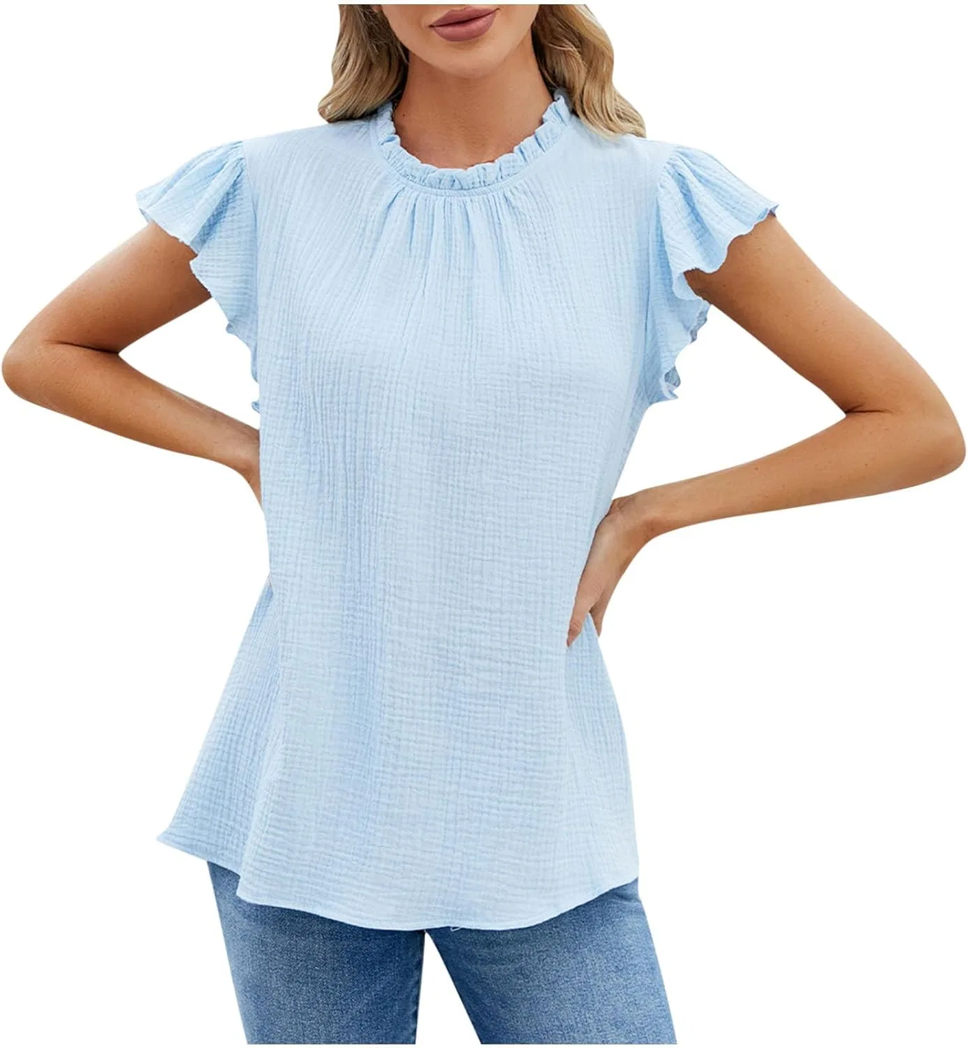 Женская футболка с воротником-стойкой, короткий рукав, Solid Color, Sky Blue