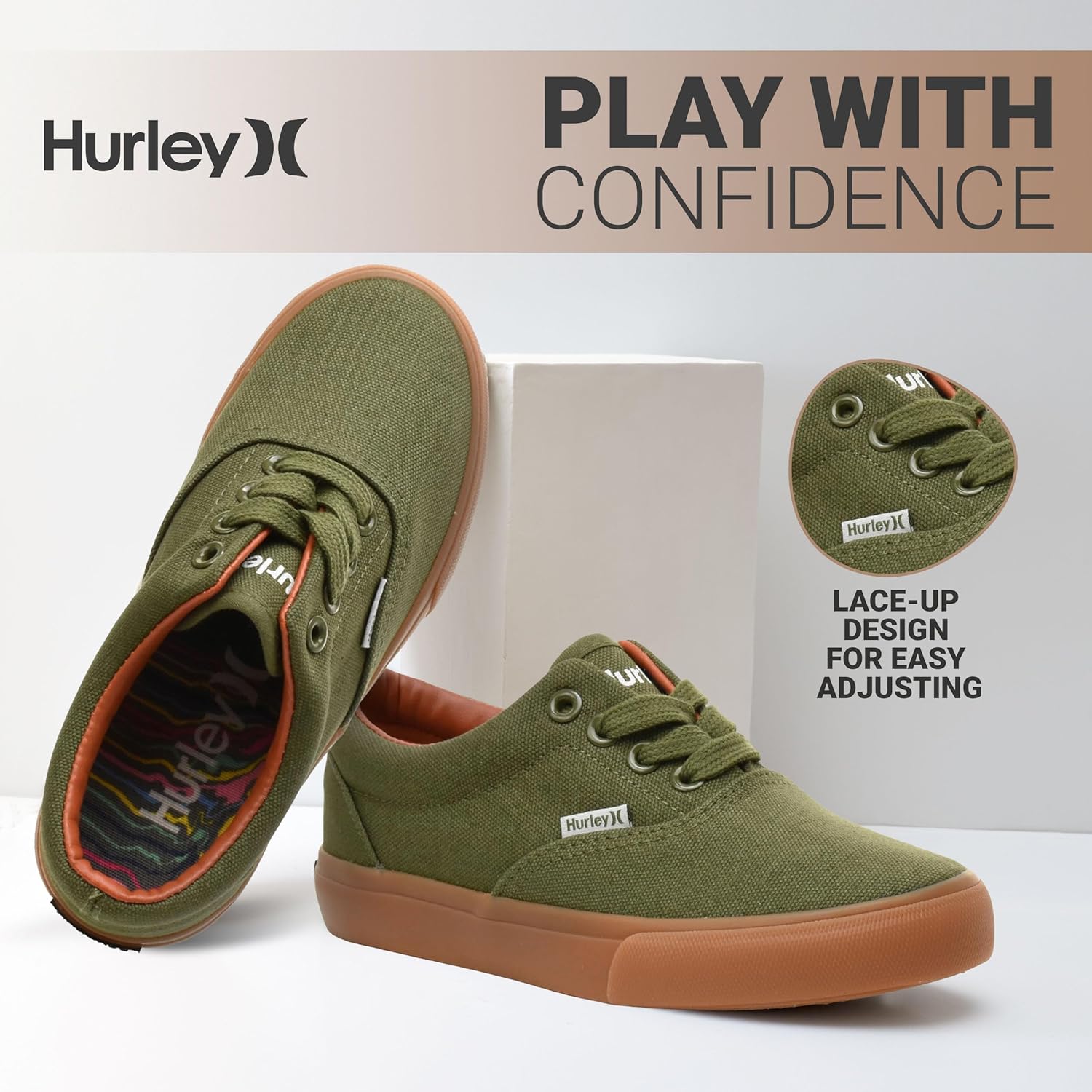 Детские кеды Hurley Marley на шнуровке - низкие кроссовки для скейтбординга для детей, спортивная обувь для мальчиков и девочек, бежевый/хаки — фото 2