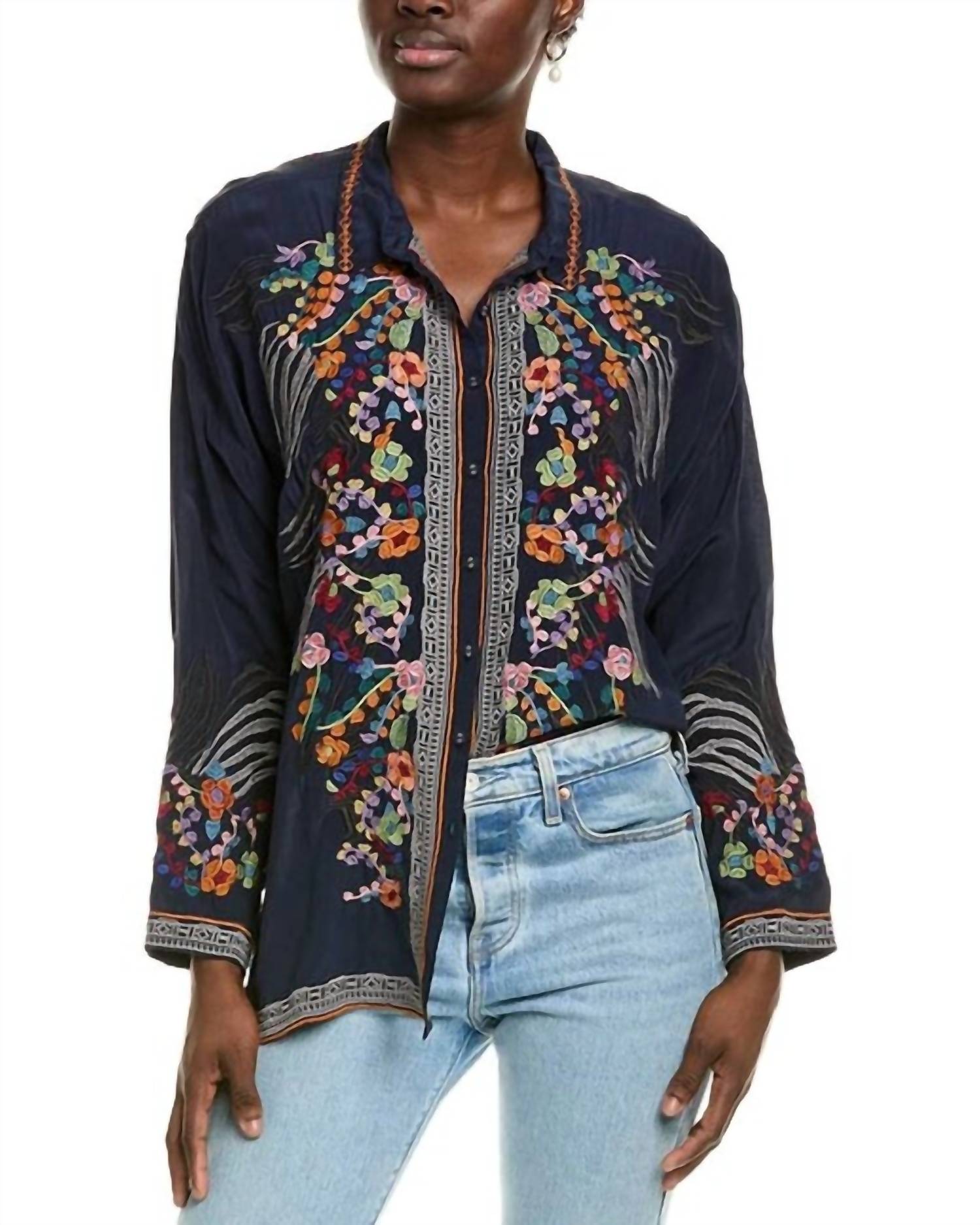 

Audrey Свободная вышитая блуза Dash в цвете Navy Johnny Was