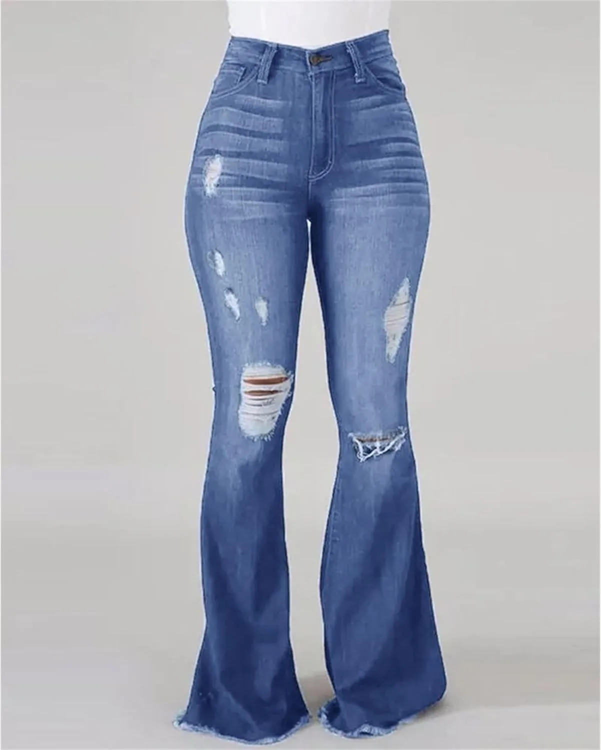 Женские джинсы bootcut с высокой талией и потертостями — фото 2