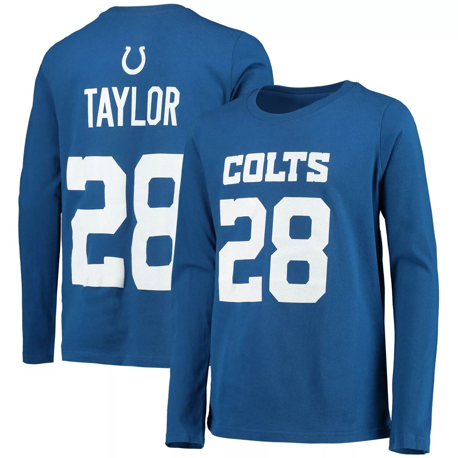 

Молодежная футболка Джонатана Тейлора Royal Indianapolis Colts Mainliner с именем и номером игрока с длинными рукавами Outerstuff