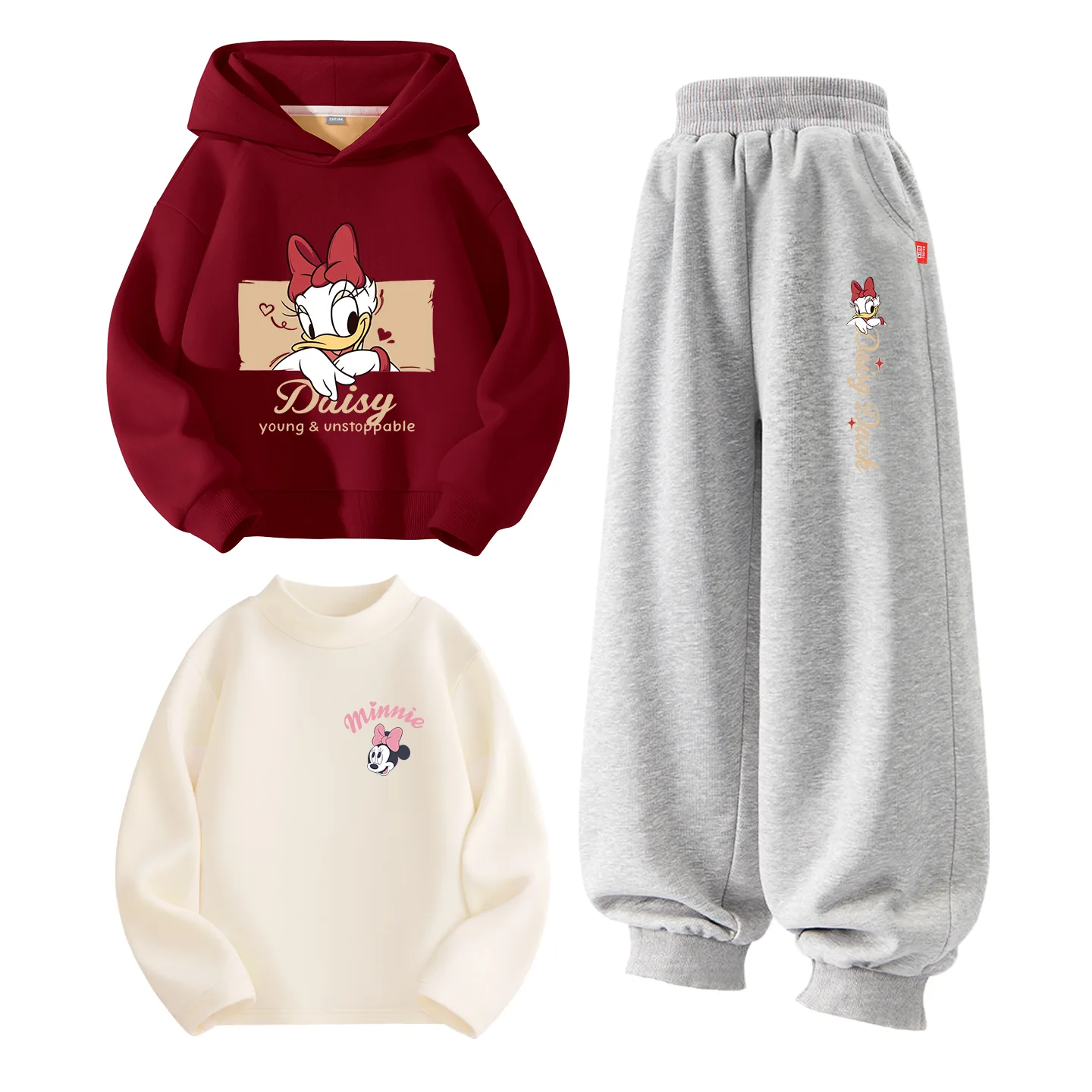Детская повседневная худи с капюшоном Disney, [Thickened and Fleece-Lined Three-Piece Set]Di Firework Colt K Burgundy+Di Colt K Black+Di Lift Eye K Milk White — фото 4