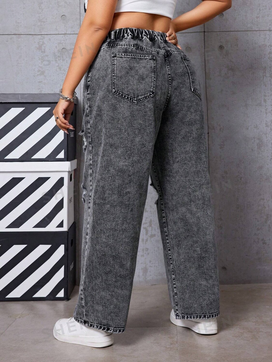 

EZwear Женские Прямые джинсы больших размеров, Рваные Shein, черный